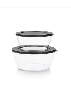 Tupperware Clear Plastic Bowls with Black Lids - Set of 2